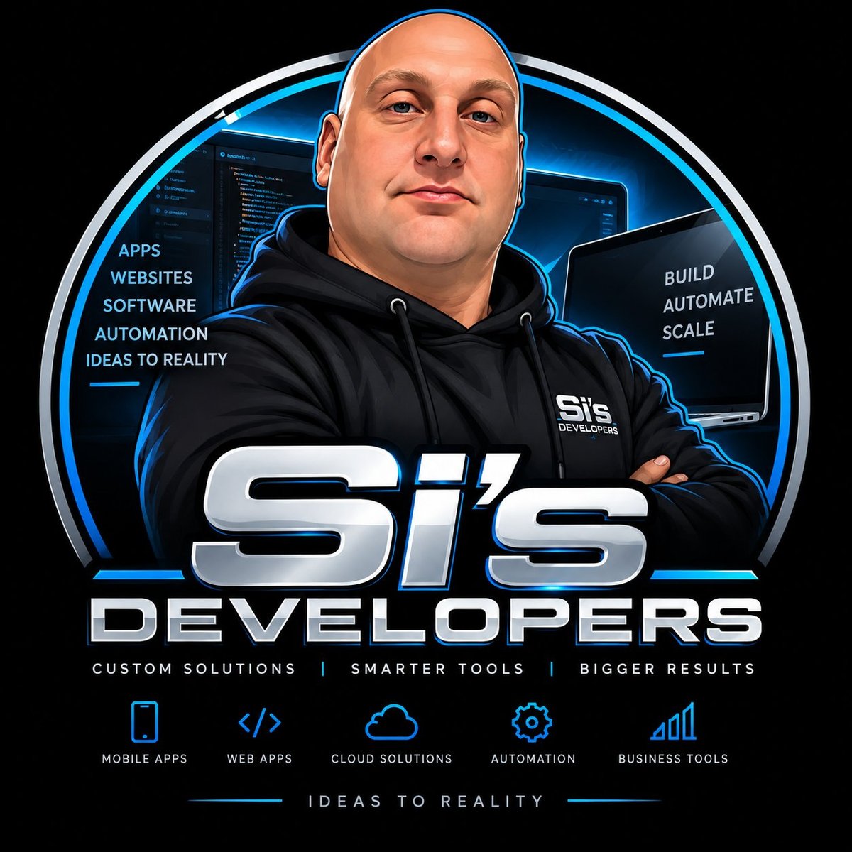 Si’s Developers emblem featuring Simon in a black hoodie against a neon blue tech background, with the tagline Ideas to Reality